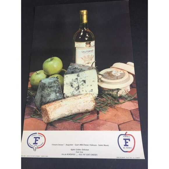 Vintage 1970’s Wine & Cheese Poster Art Pomme De France Sauternes Wine Roquefort - Picture 1 of 5